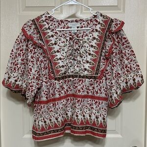 Calypso St. Barth Cotton Boho Top Red and White Pattern Keyhole Neck with Ties